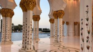 White pillars in a mosque in Abu Dhabi