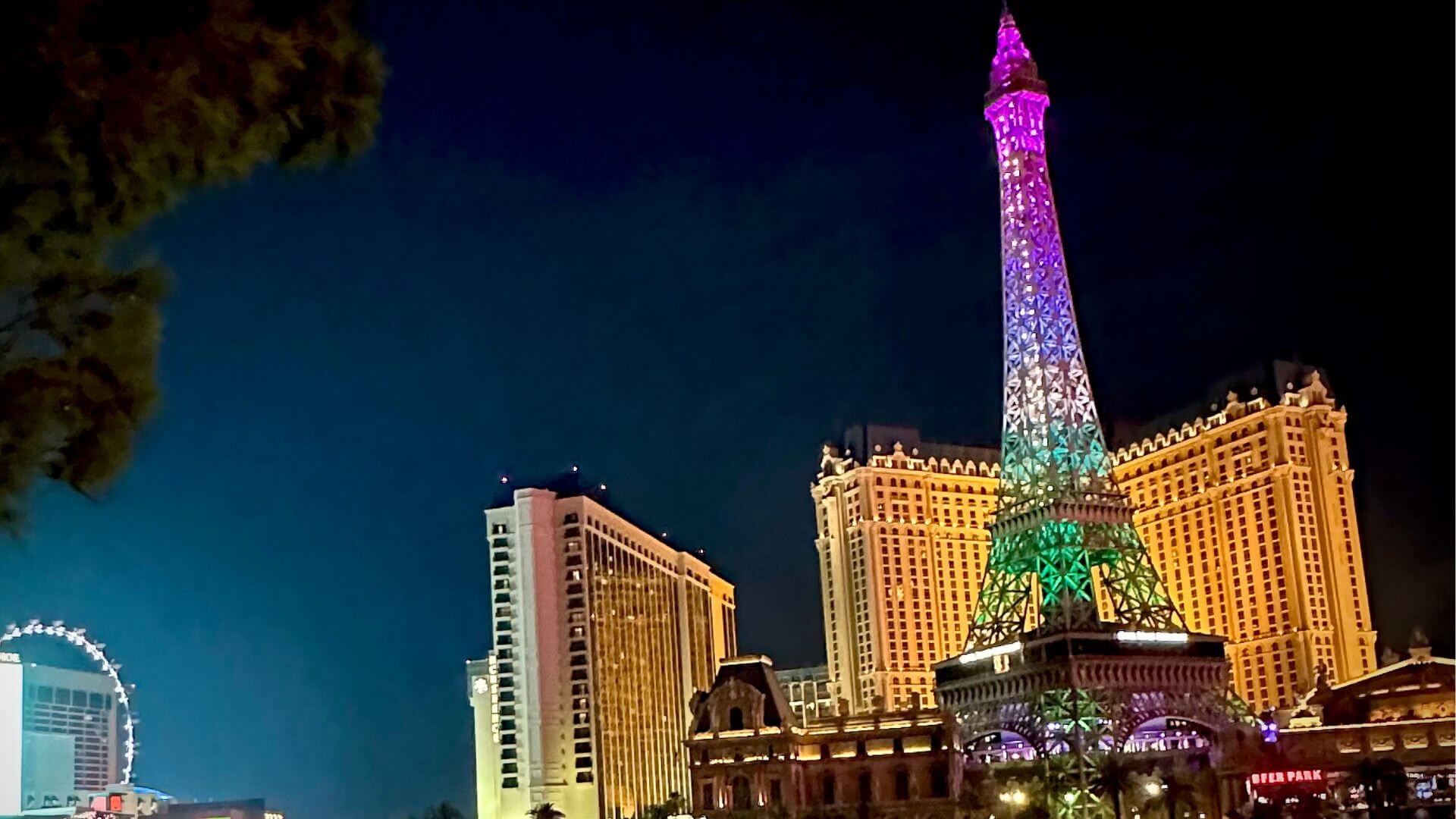 Las Vegas skyline with the Paris Hotel in the background over looking the Bellagio Fountains
